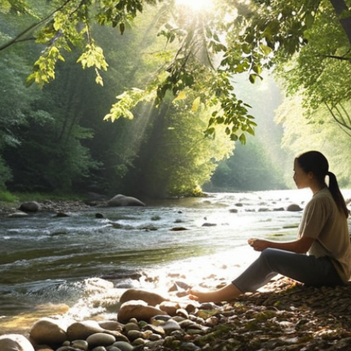 **

A serene scene of someone sitting by a river, mindfully observing leaves floating downstream. The person appears calm and focused, with sunlight filtering through the trees. The overall mood is peaceful and accepting. Focus on natural elements and soft lighting to convey tranquility.

**