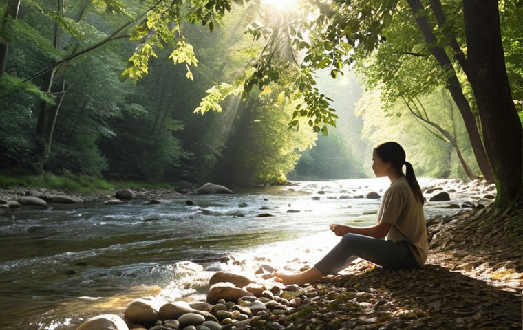 **

A serene scene of someone sitting by a river, mindfully observing leaves floating downstream. The person appears calm and focused, with sunlight filtering through the trees. The overall mood is peaceful and accepting. Focus on natural elements and soft lighting to convey tranquility.

**