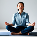 A person in professional, modest attire, seated comfortably on a meditation cushion in a minimalist, sunlit studio. The individual's eyes are gently closed, conveying a sense of deep contemplation or quiet mental activity, subtly reflecting the initial internal "noise" of a busy mind during meditation. Soft, diffused natural light illuminates the scene, creating a serene but realistic atmosphere. safe for work, appropriate content, fully clothed, professional, perfect anatomy, correct proportions, natural pose, well-formed hands, proper finger count, natural body proportions, high quality studio photography.
