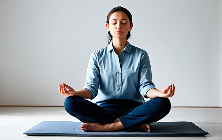 A person in professional, modest attire, seated comfortably on a meditation cushion in a minimalist, sunlit studio. The individual's eyes are gently closed, conveying a sense of deep contemplation or quiet mental activity, subtly reflecting the initial internal "noise" of a busy mind during meditation. Soft, diffused natural light illuminates the scene, creating a serene but realistic atmosphere. safe for work, appropriate content, fully clothed, professional, perfect anatomy, correct proportions, natural pose, well-formed hands, proper finger count, natural body proportions, high quality studio photography.