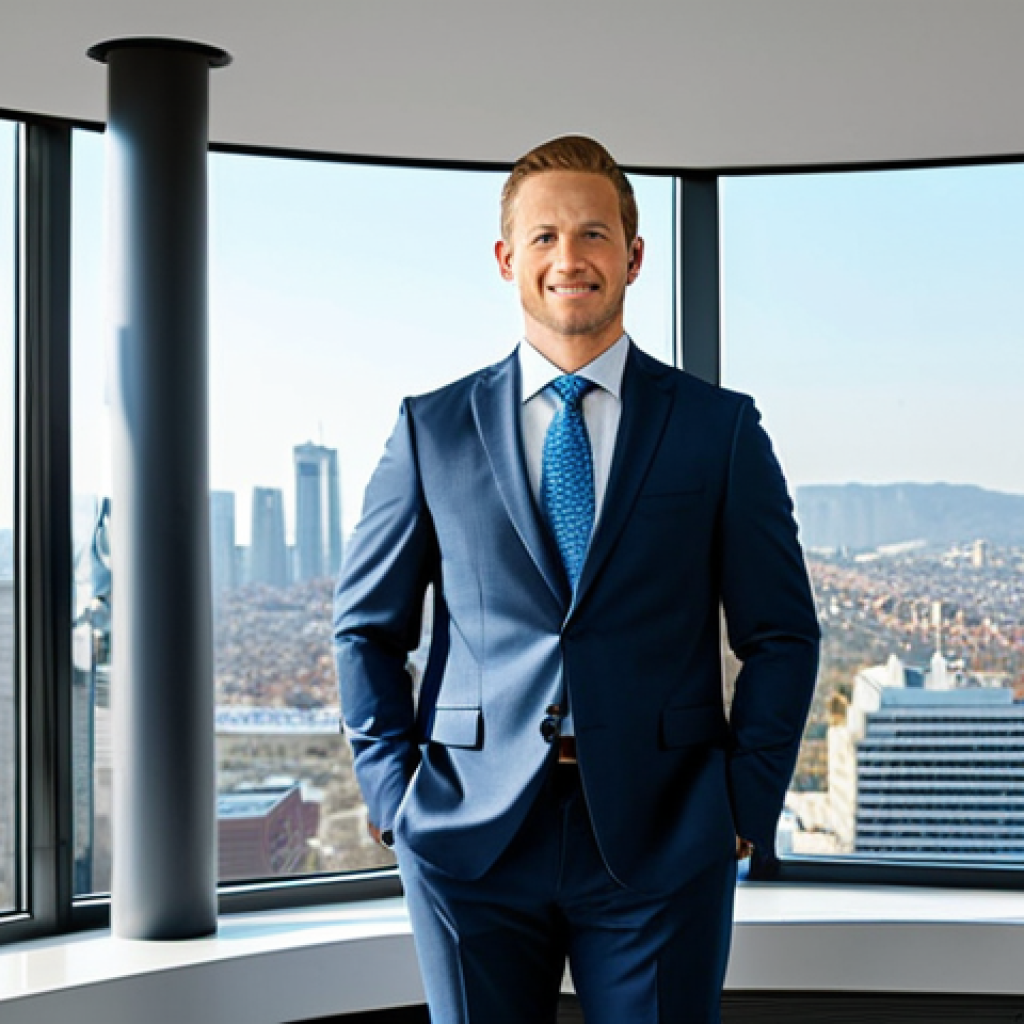 **
A successful entrepreneur, fully clothed in a modest, professional business suit, standing confidently in a bright, modern office overlooking a cityscape, appropriate attire, safe for work, perfect anatomy, natural proportions, professional photography, high quality, family-friendly.
**