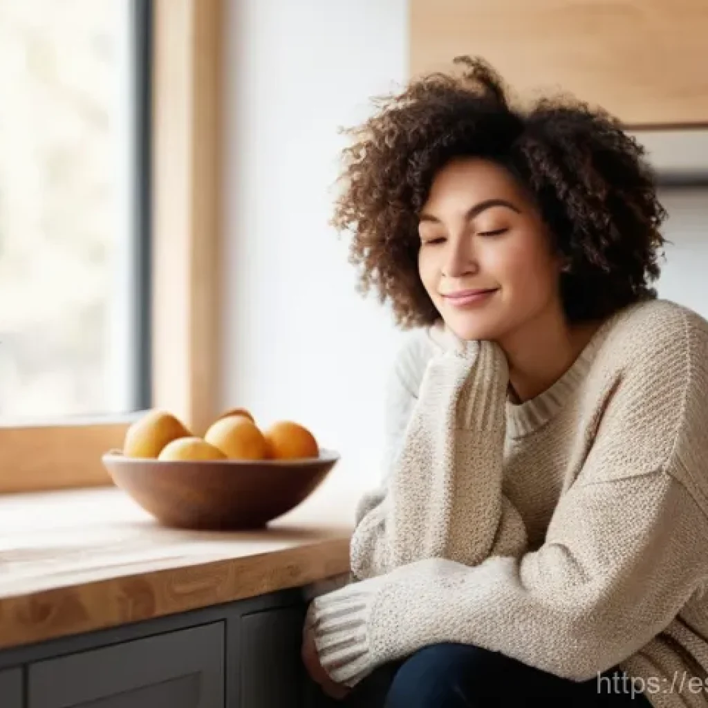 매일 5분으로 마인드풀니스 익히기 - **Mindful Morning Coffee:** A serene woman in her late 20s, with short, dark, curly hair, sits comfo...