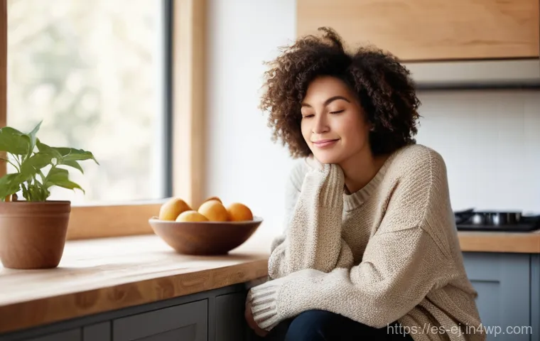 매일 5분으로 마인드풀니스 익히기 - **Mindful Morning Coffee:** A serene woman in her late 20s, with short, dark, curly hair, sits comfo...