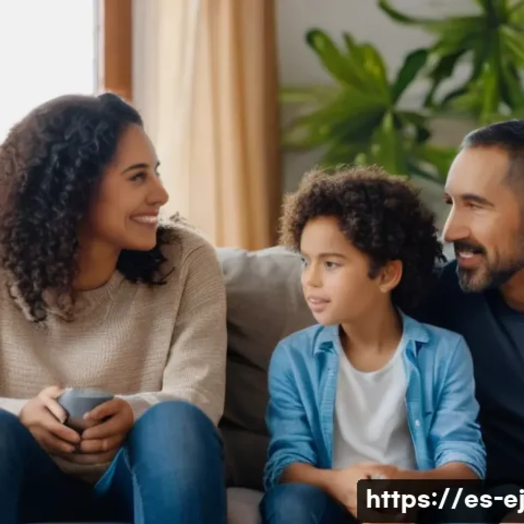 마인드풀니스와 가족의 관계 향상 - A warm, cozy family living room scene where a Hispanic family of four—parents and two children weari...