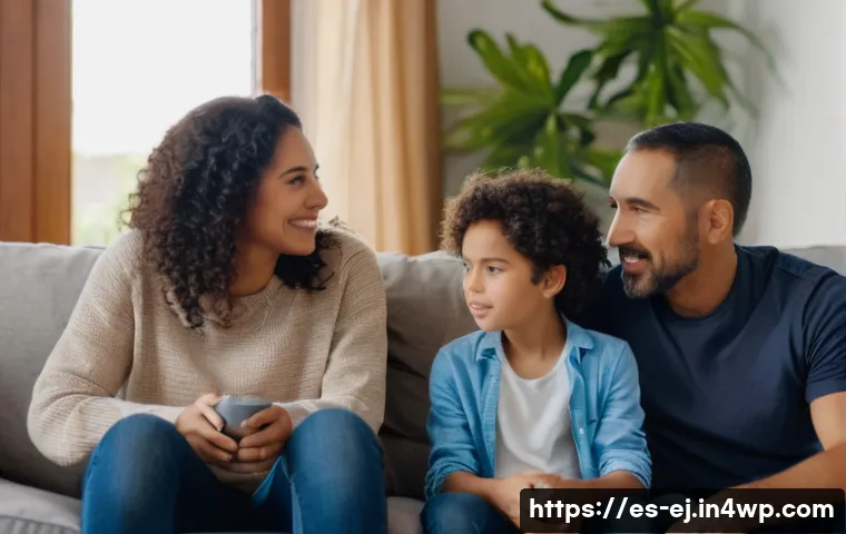 마인드풀니스와 가족의 관계 향상 - A warm, cozy family living room scene where a Hispanic family of four&mdash;parents and two children weari...