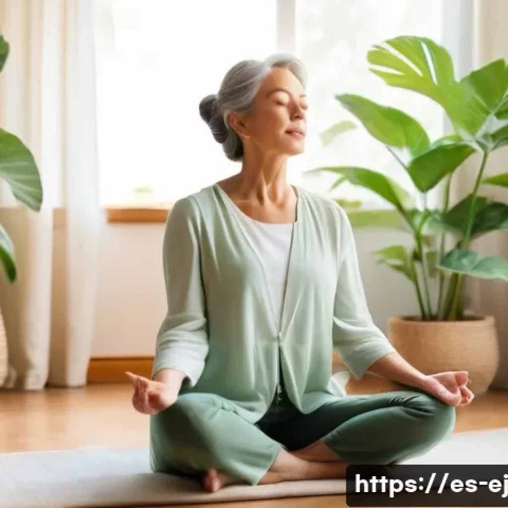 마인드풀니스와 상처 치유 방법 - A serene middle-aged woman practicing mindful breathing in a sunlit, cozy living room decorated with...