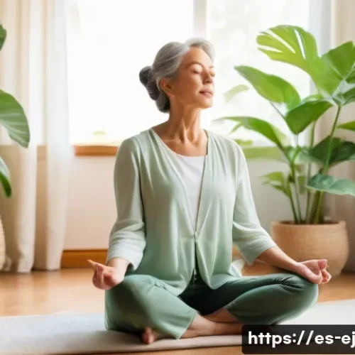 Home 32 마인드풀니스와 상처 치유 방법 - A serene middle-aged woman practicing mindful breathing in a sunlit, cozy living room decorated with...