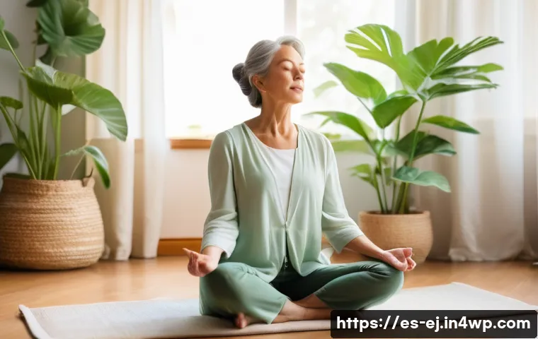 마인드풀니스와 상처 치유 방법 - A serene middle-aged woman practicing mindful breathing in a sunlit, cozy living room decorated with...