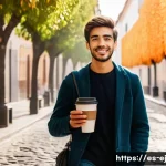 Home 19 마인드풀니스 실천을 통해 얻는 인사이트 - A serene urban morning scene in a Spanish city, featuring a young adult walking mindfully along a co...