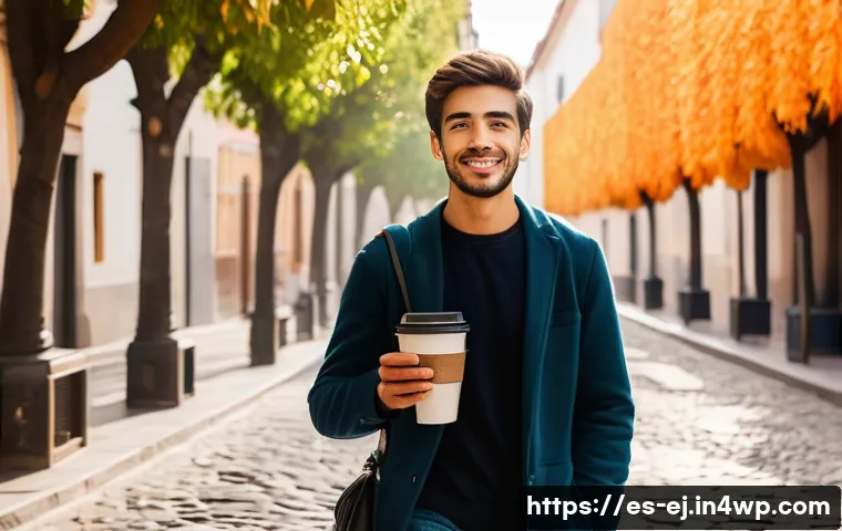 마인드풀니스 실천을 통해 얻는 인사이트 - A serene urban morning scene in a Spanish city, featuring a young adult walking mindfully along a co...