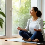 Home 23 마인드풀니스로 삶의 의미 찾기 - A serene middle-aged Hispanic woman sitting cross-legged on a wooden floor in a bright, cozy living ...