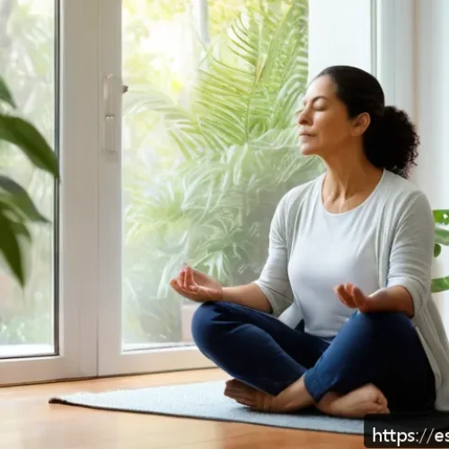 Home 17 마인드풀니스로 삶의 의미 찾기 - A serene middle-aged Hispanic woman sitting cross-legged on a wooden floor in a bright, cozy living ...