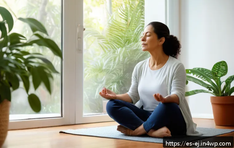 마인드풀니스로 삶의 의미 찾기 - A serene middle-aged Hispanic woman sitting cross-legged on a wooden floor in a bright, cozy living ...