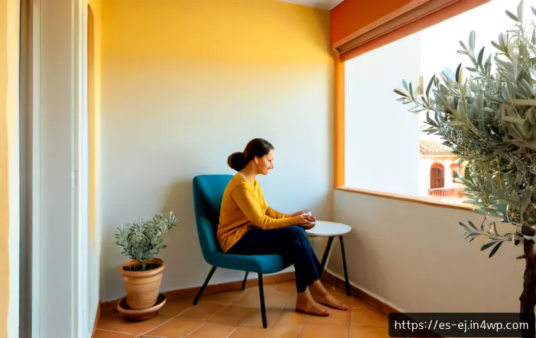 Home 17 매일 실천할 수 있는 마인드풀니스 기법 - Photorealistic morning mindfulness practice in a sunlit Spanish apartment, relaxed adult sitting com...
