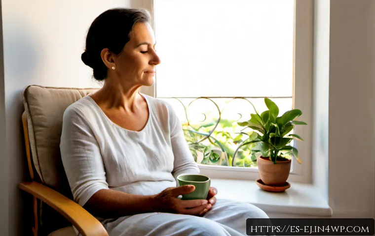 마인드풀니스와 우울증 극복 전략 - Photorealistic lifestyle scene of a middle-aged Spanish woman practicing mindfulness beside a sunlit...